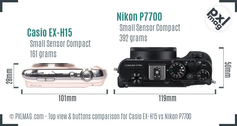Casio EX-H15 vs Nikon P7700 top view buttons comparison