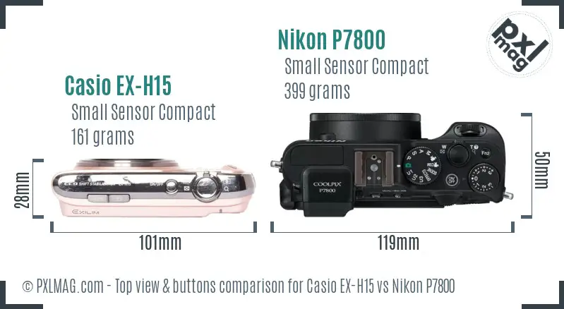 Casio EX-H15 vs Nikon P7800 top view buttons comparison