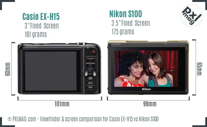 Casio EX-H15 vs Nikon S100 Screen and Viewfinder comparison