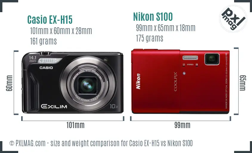 Casio EX-H15 vs Nikon S100 size comparison
