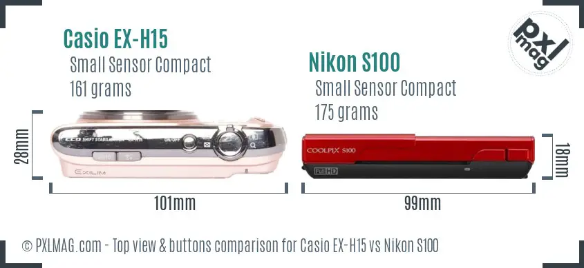 Casio EX-H15 vs Nikon S100 top view buttons comparison
