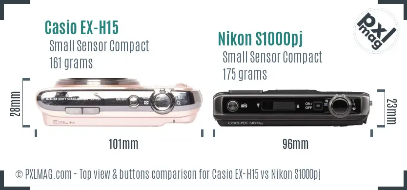 Casio EX-H15 vs Nikon S1000pj top view buttons comparison