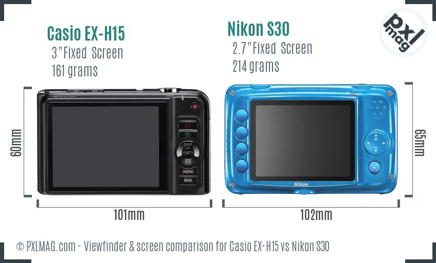 Casio EX-H15 vs Nikon S30 Screen and Viewfinder comparison