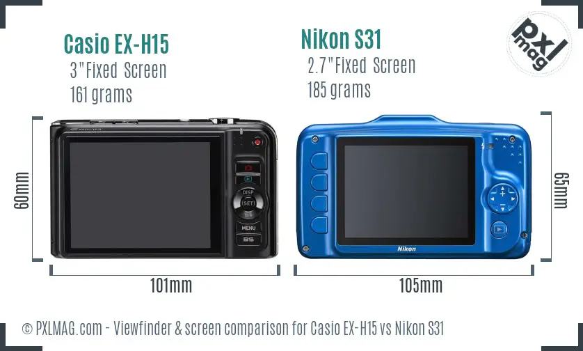 Casio EX-H15 vs Nikon S31 Screen and Viewfinder comparison