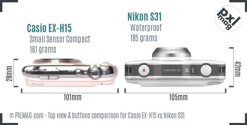 Casio EX-H15 vs Nikon S31 top view buttons comparison
