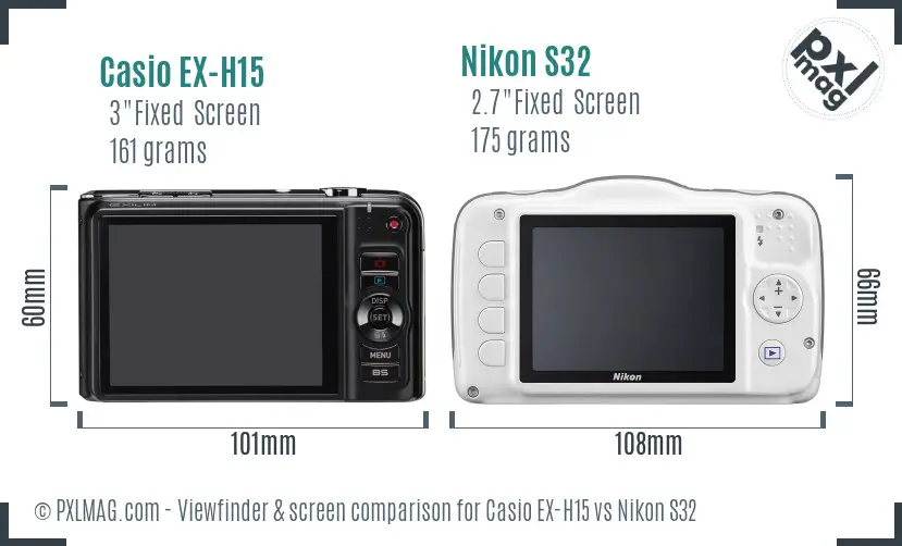 Casio EX-H15 vs Nikon S32 Screen and Viewfinder comparison