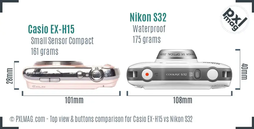 Casio EX-H15 vs Nikon S32 top view buttons comparison