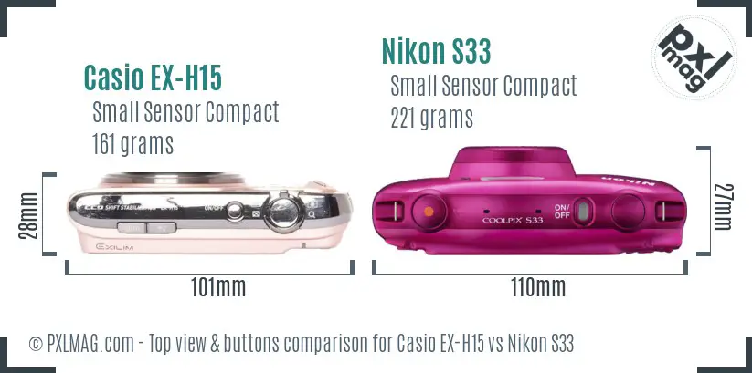 Casio EX-H15 vs Nikon S33 top view buttons comparison