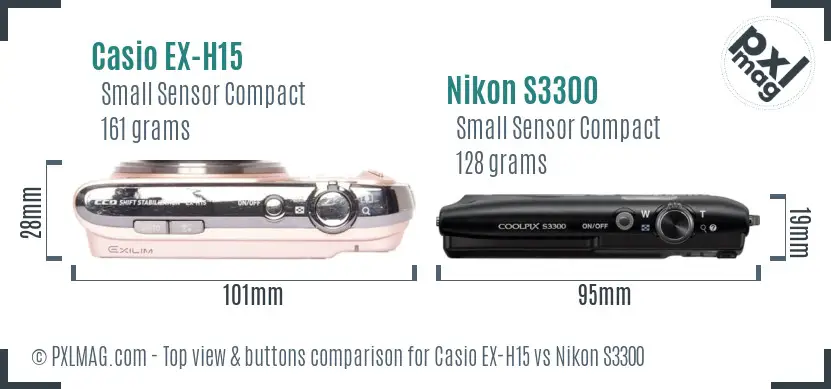 Casio EX-H15 vs Nikon S3300 top view buttons comparison