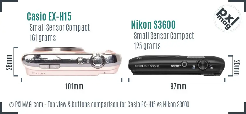 Casio EX-H15 vs Nikon S3600 top view buttons comparison Casio EX-H15 vs Nikon S3600 top view buttons comparison