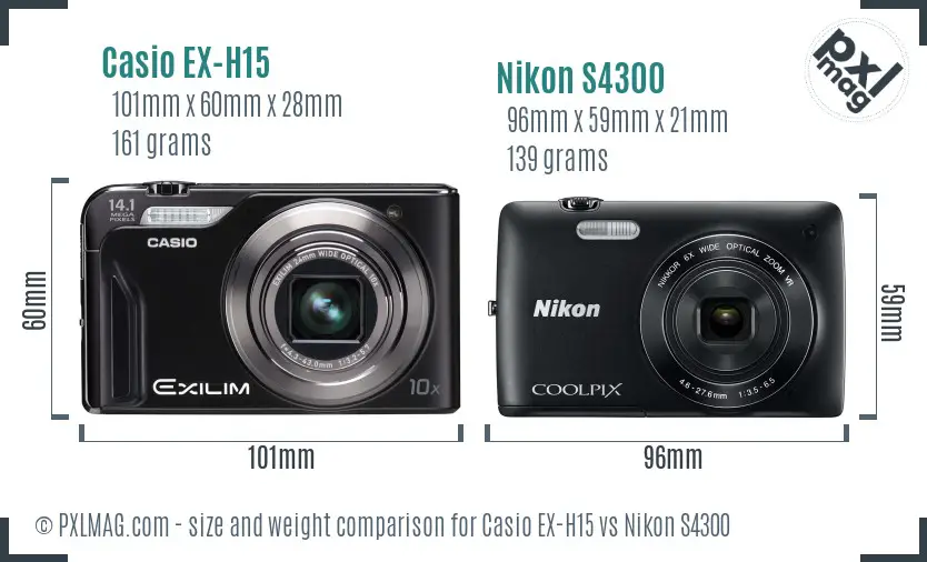 Casio EX-H15 vs Nikon S4300 size comparison