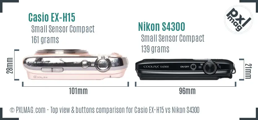 Casio EX-H15 vs Nikon S4300 top view buttons comparison