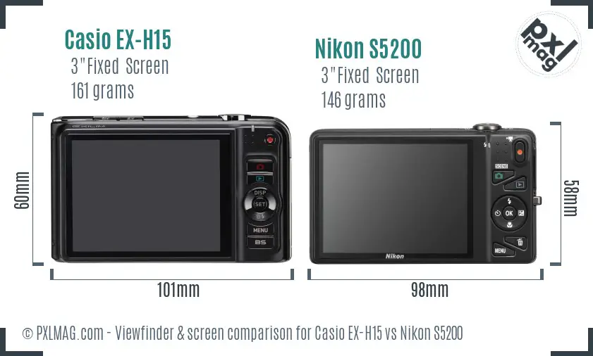 Casio EX-H15 vs Nikon S5200 Screen and Viewfinder comparison