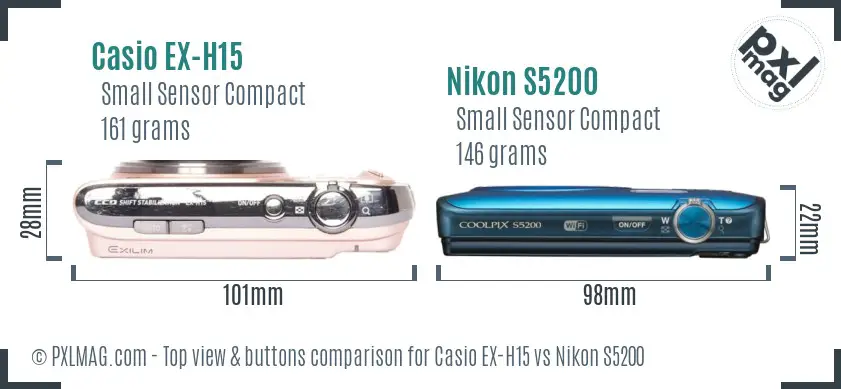 Casio EX-H15 vs Nikon S5200 top view buttons comparison