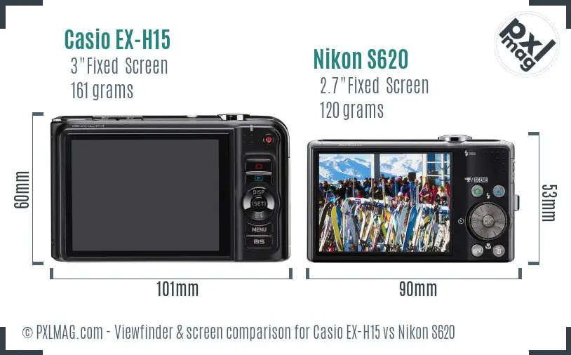 Casio EX-H15 vs Nikon S620 Screen and Viewfinder comparison