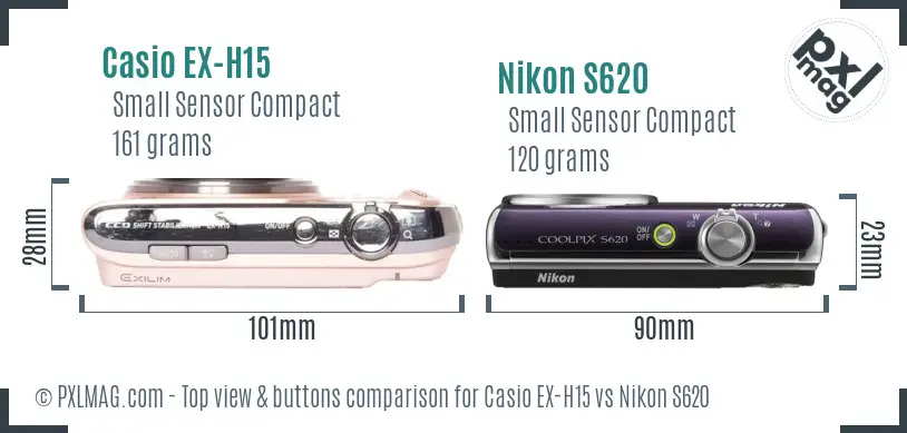 Casio EX-H15 vs Nikon S620 top view buttons comparison