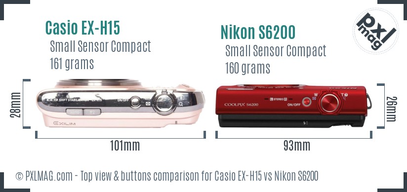 Casio EX-H15 vs Nikon S6200 top view buttons comparison