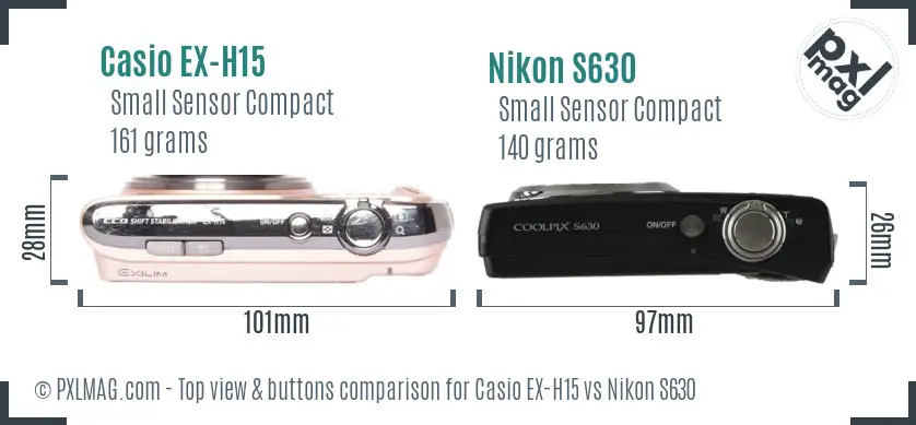 Casio EX-H15 vs Nikon S630 top view buttons comparison Casio EX-H15 vs Nikon S630 top view buttons comparison