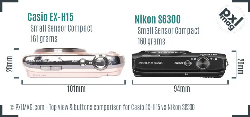 Casio EX-H15 vs Nikon S6300 top view buttons comparison