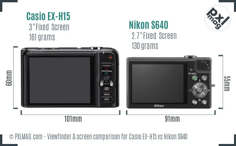 Casio EX-H15 vs Nikon S640 Screen and Viewfinder comparison