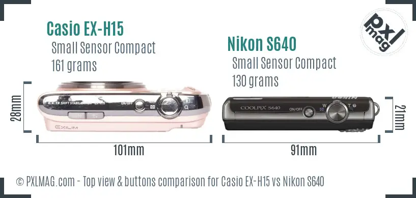 Casio EX-H15 vs Nikon S640 top view buttons comparison