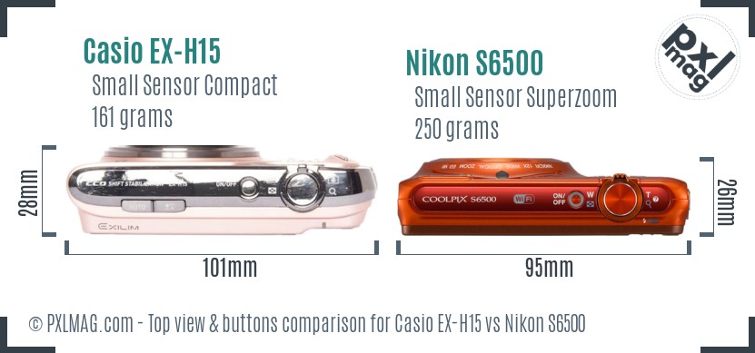 Casio EX-H15 vs Nikon S6500 top view buttons comparison