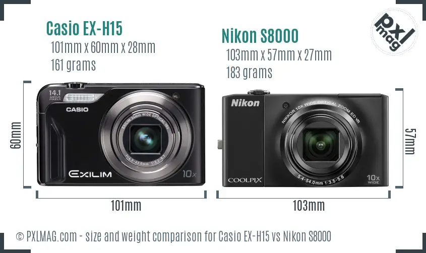 Casio EX-H15 vs Nikon S8000 size comparison
