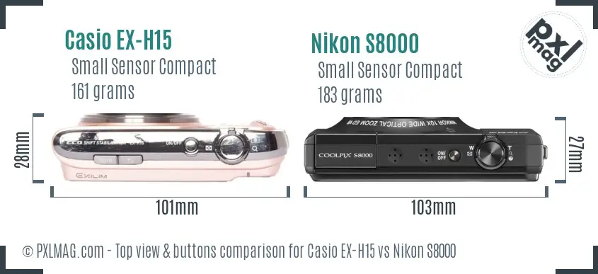Casio EX-H15 vs Nikon S8000 top view buttons comparison