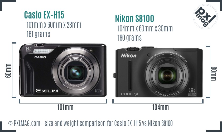 Casio EX-H15 vs Nikon S8100 size comparison