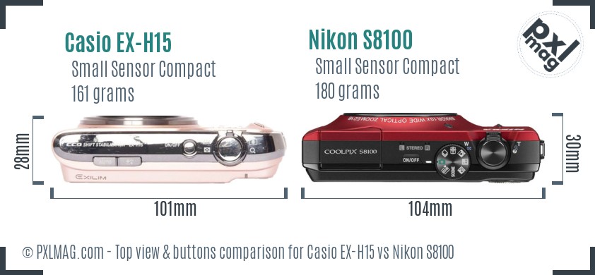 Casio EX-H15 vs Nikon S8100 top view buttons comparison