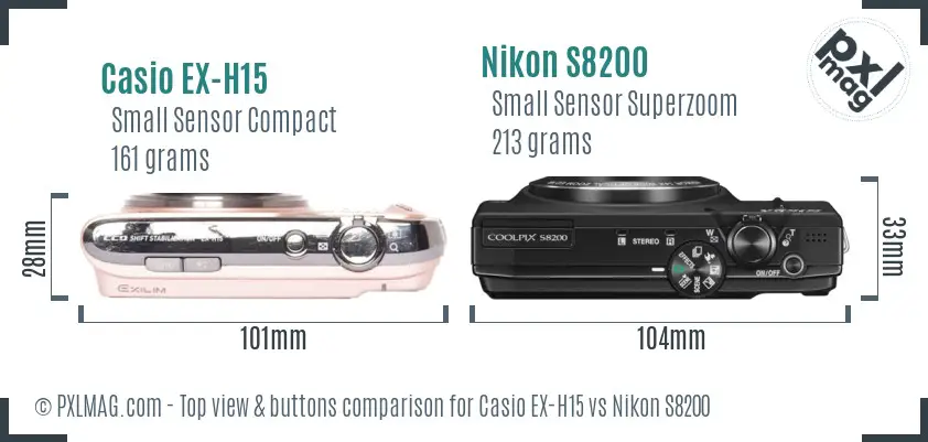 Casio EX-H15 vs Nikon S8200 top view buttons comparison Casio EX-H15 vs Nikon S8200 top view buttons comparison