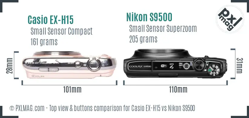 Casio EX-H15 vs Nikon S9500 top view buttons comparison