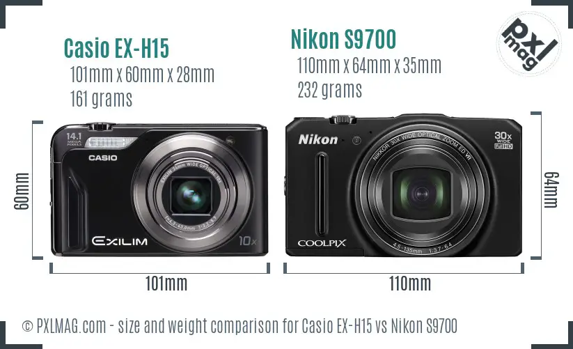 Casio EX-H15 vs Nikon S9700 size comparison Casio EX-H15 vs Nikon S9700 size comparison