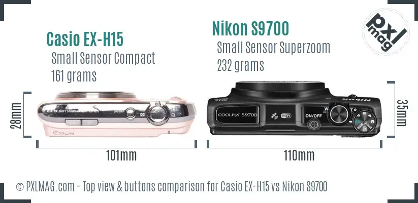 Casio EX-H15 vs Nikon S9700 top view buttons comparison Casio EX-H15 vs Nikon S9700 top view buttons comparison