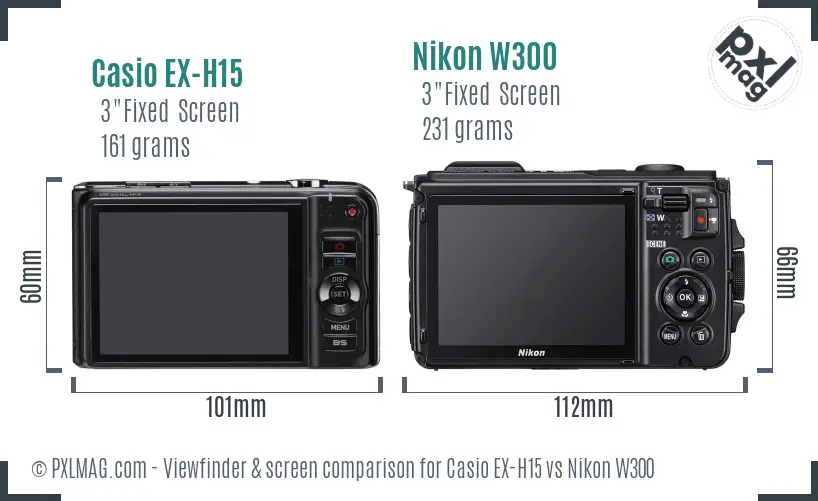 Casio EX-H15 vs Nikon W300 Screen and Viewfinder comparison