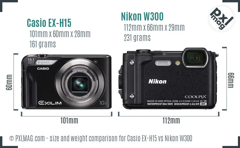 Casio EX-H15 vs Nikon W300 size comparison