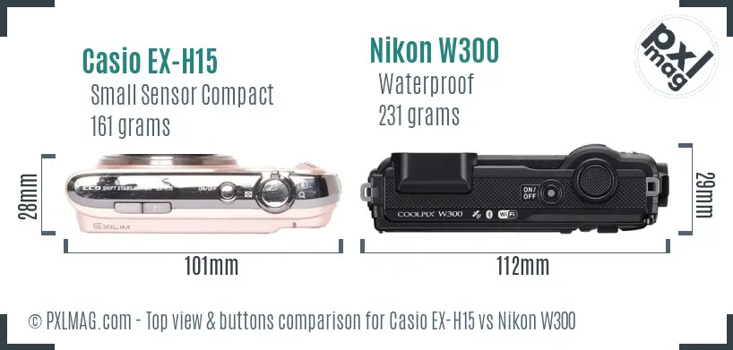 Casio EX-H15 vs Nikon W300 top view buttons comparison