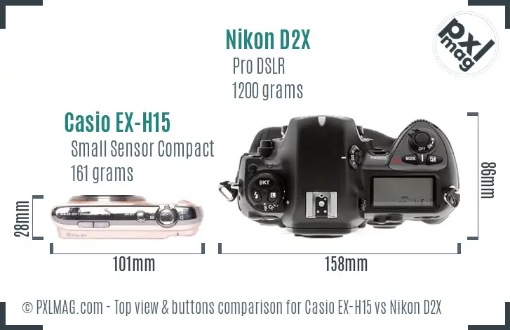 Casio EX-H15 vs Nikon D2X top view buttons comparison