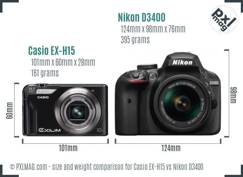 Casio EX-H15 vs Nikon D3400 size comparison