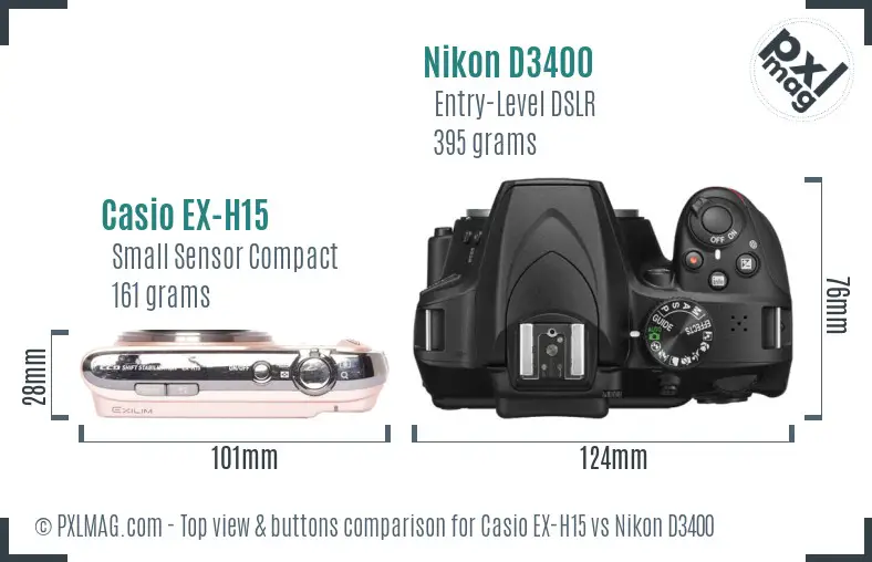 Casio EX-H15 vs Nikon D3400 top view buttons comparison