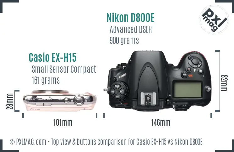 Casio EX-H15 vs Nikon D800E top view buttons comparison