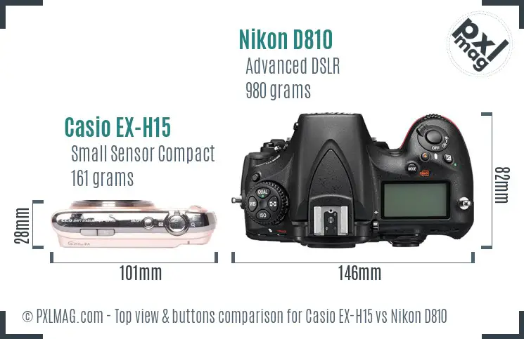 Casio EX-H15 vs Nikon D810 top view buttons comparison