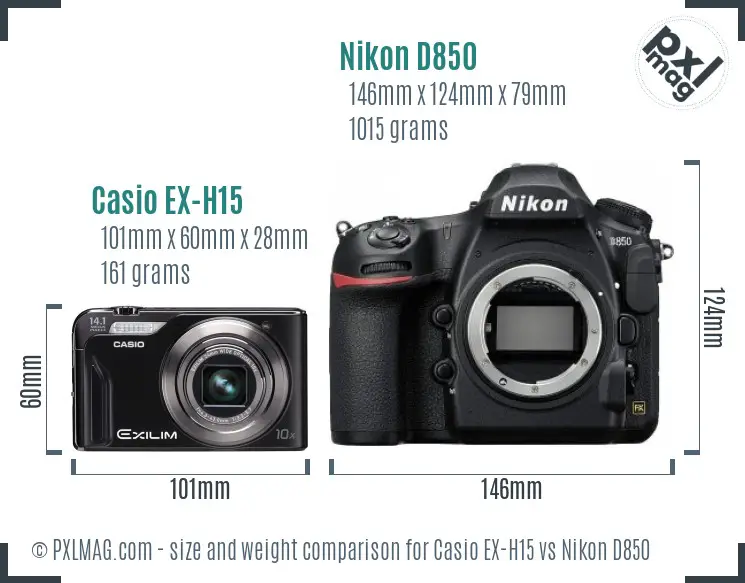 Casio EX-H15 vs Nikon D850 size comparison