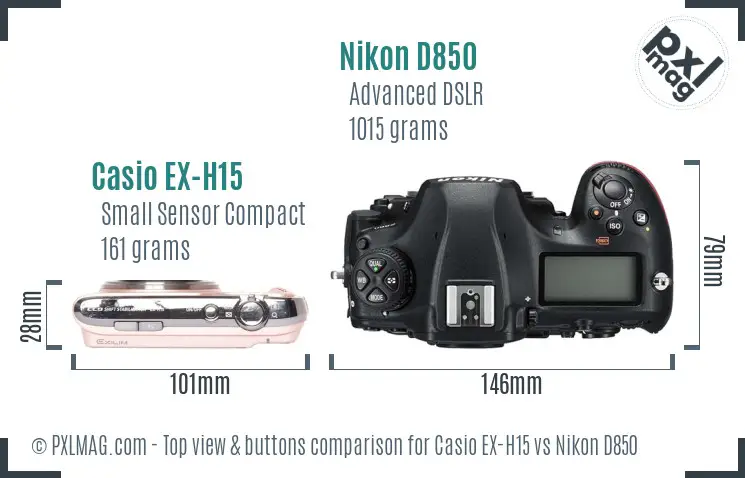 Casio EX-H15 vs Nikon D850 top view buttons comparison