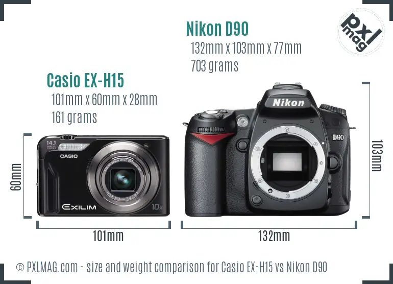 Casio EX-H15 vs Nikon D90 size comparison