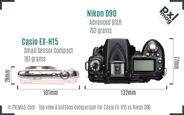 Casio EX-H15 vs Nikon D90 top view buttons comparison