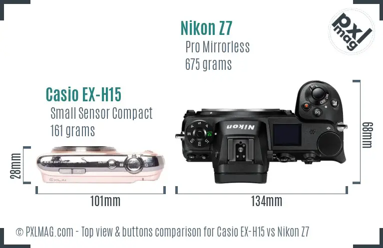 Casio EX-H15 vs Nikon Z7 top view buttons comparison