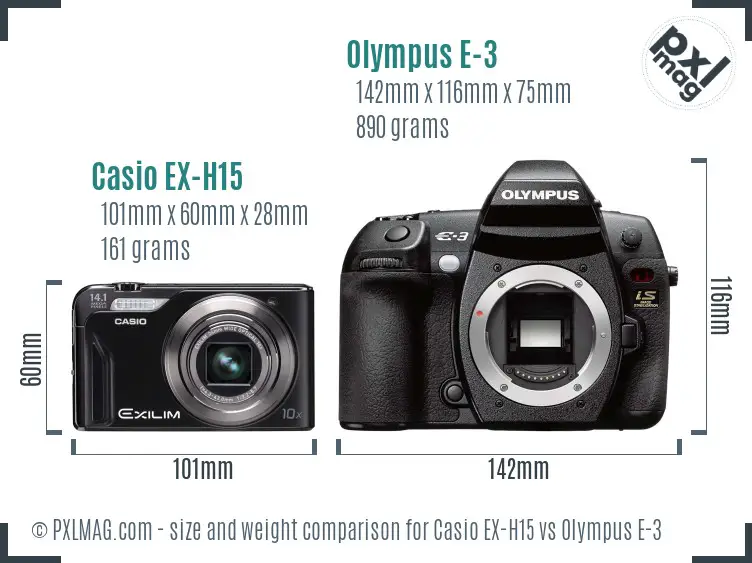 Casio EX-H15 vs Olympus E-3 size comparison Casio EX-H15 vs Olympus E-3 size comparison