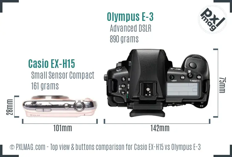 Casio EX-H15 vs Olympus E-3 top view buttons comparison Casio EX-H15 vs Olympus E-3 top view buttons comparison