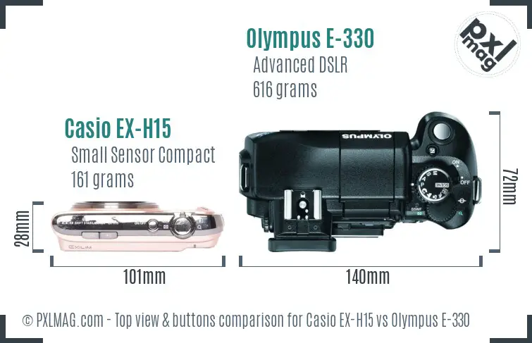 Casio EX-H15 vs Olympus E-330 top view buttons comparison